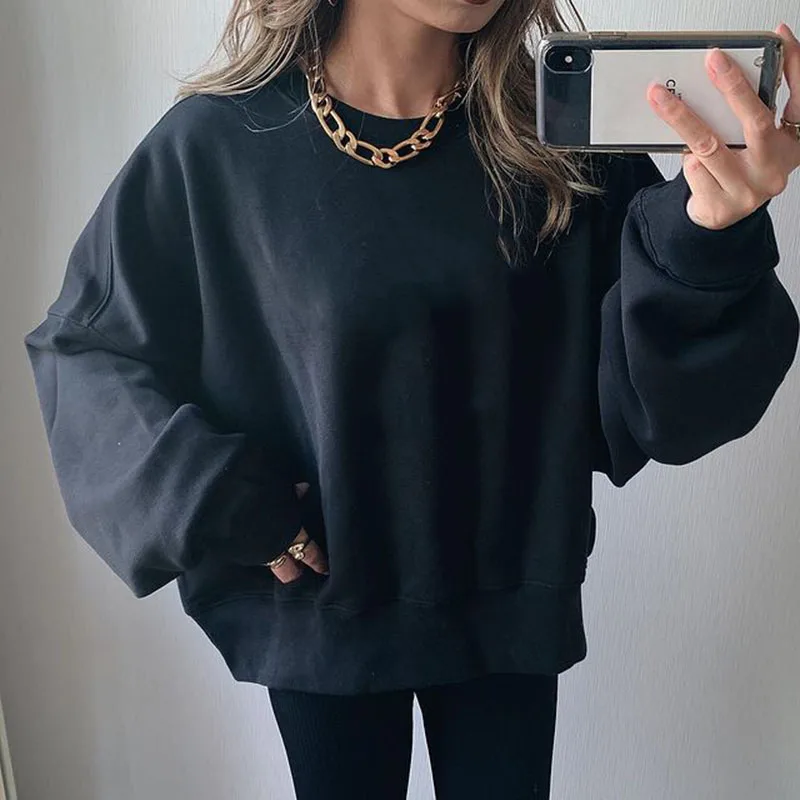 

Black Sweatshirt Women's Casual Loose Long-sleeve Pullover Top 2021 Fall New Fashion Round Neck Oversized Sweatshirts Streetwear