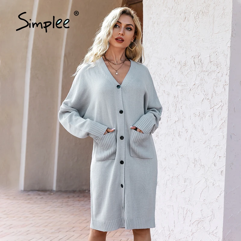 

Simplee Batwing sleeves buttons v-neck lace up knitted dress pocket Casual sash midi sweater dresses Loose female winter vestido