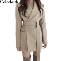 colorfaith new 2021 winter spring womens blazers sashes jackets notched outerwear england style solid cardigan tops jk9715