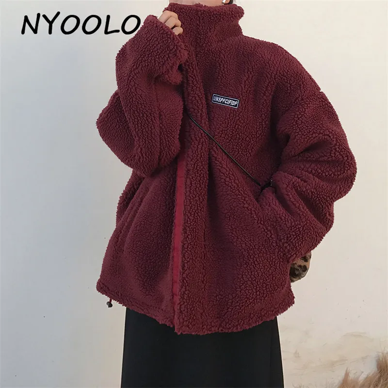 NYOOLO Winter Streetwear Lamb Woolen Long Sleeve Thicken Warm Zipper Padded Coat Women Casual Loose Reversible Clothes Outwear