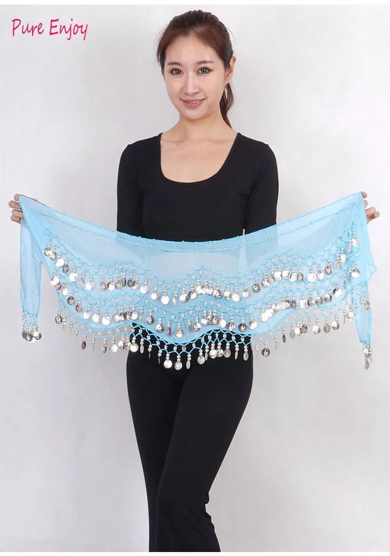 Belly Dance Waist Цепочка хип шарф шифон трехслойная волна золотая монета талия Индия