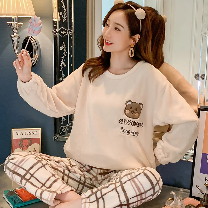 

Women's Pajamas Autumn and Winter Pajamas set Women Long Sleeve Sleepwear Flannel Warm Lovely Top + Pants Pajamas Female Pyjama