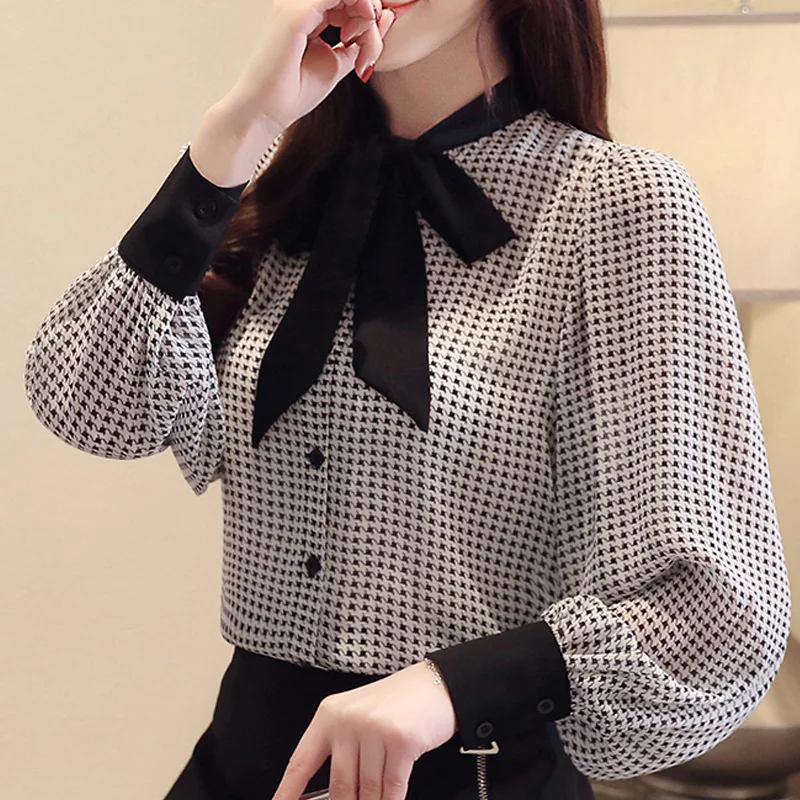

Korean fashion women clothing 2020 Beautiful Lantern Sleeve Shirt Women's Spring Chiffon Shirt Slimming Shirt Bow harajuku 0671