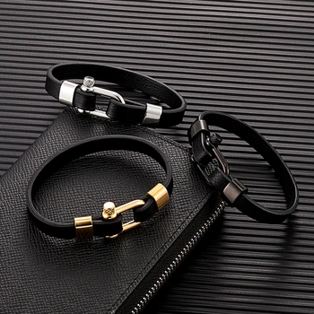 Men Women Black Stainless Steel U shape Leather Bracelet 4