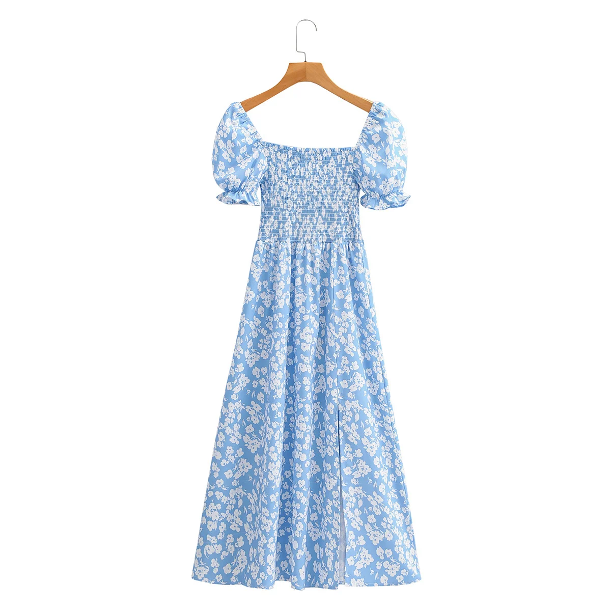 

Vintage Square Collar Short Sleeve Women Dress Fashion Waist Sleeves with Floral Lotus Leaf Split Fork Chic Female Dresses