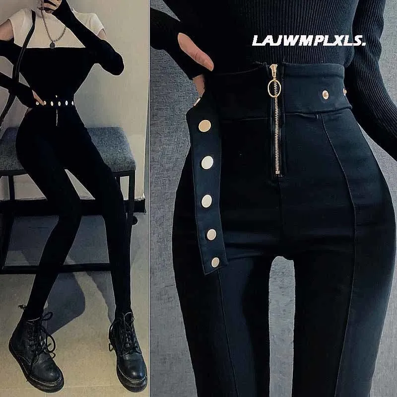 

Autumn Spring New Black leggings Casual Elastic High Waist stretch feet pants women's Metal Buttons was thin Pencil Pants