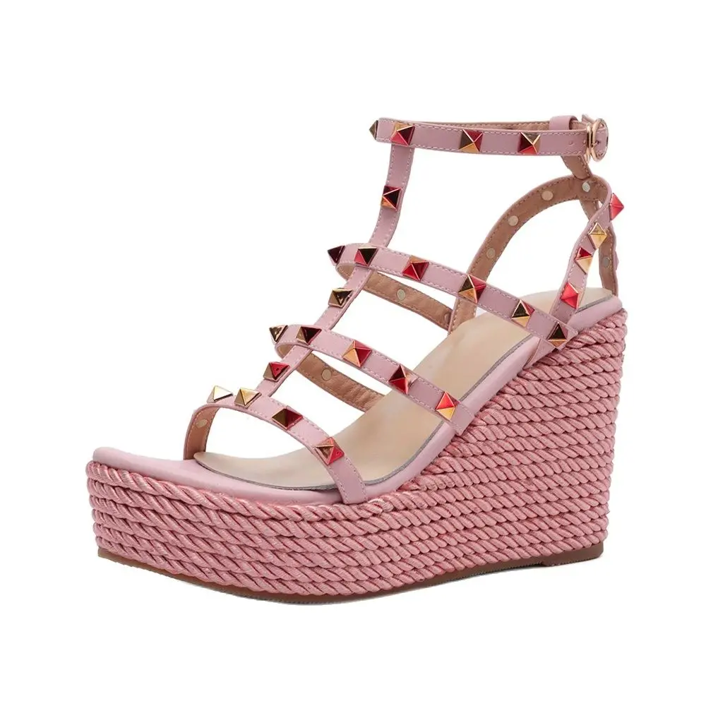 

Acedichy 2022 Spring Peep Toe Women's Rose Red Rockstud Caged Leather Wedge Sandal Rivet Weave Espadrille Sandalias De Mujer