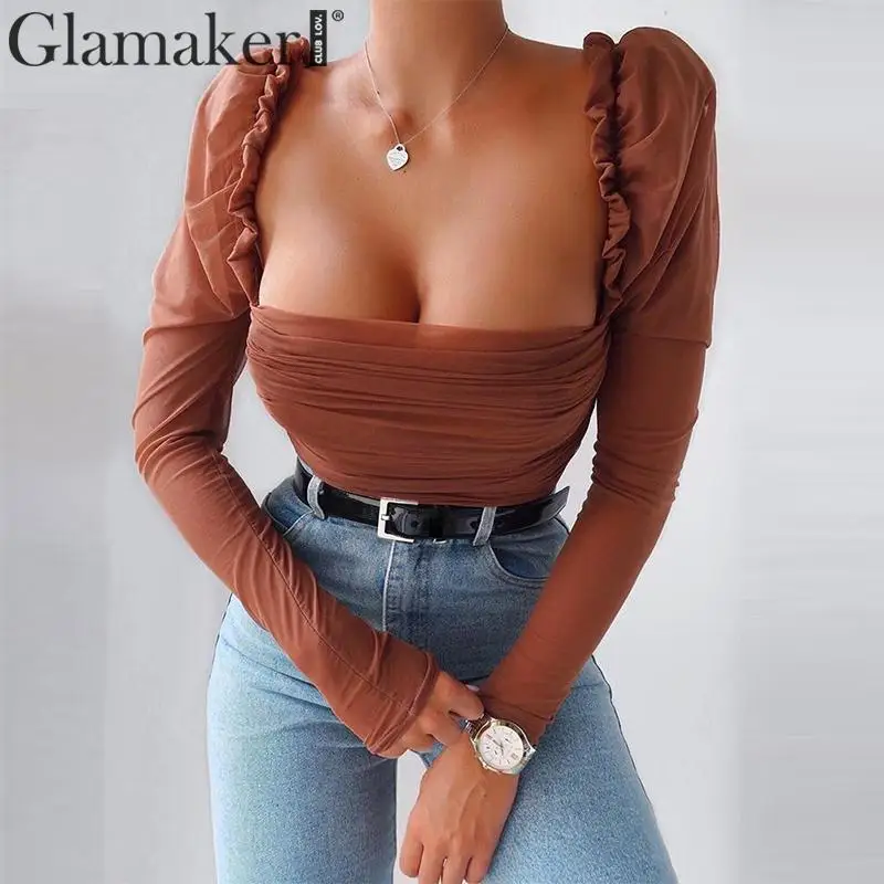 Glamaker, пышная блуза с длинным рукавом, Женская Сексуальная плиссированная блузка для ночного клуба, Женский шикарный сетчатый топ, уличная модная винтажная блуза с квадратным вырезом