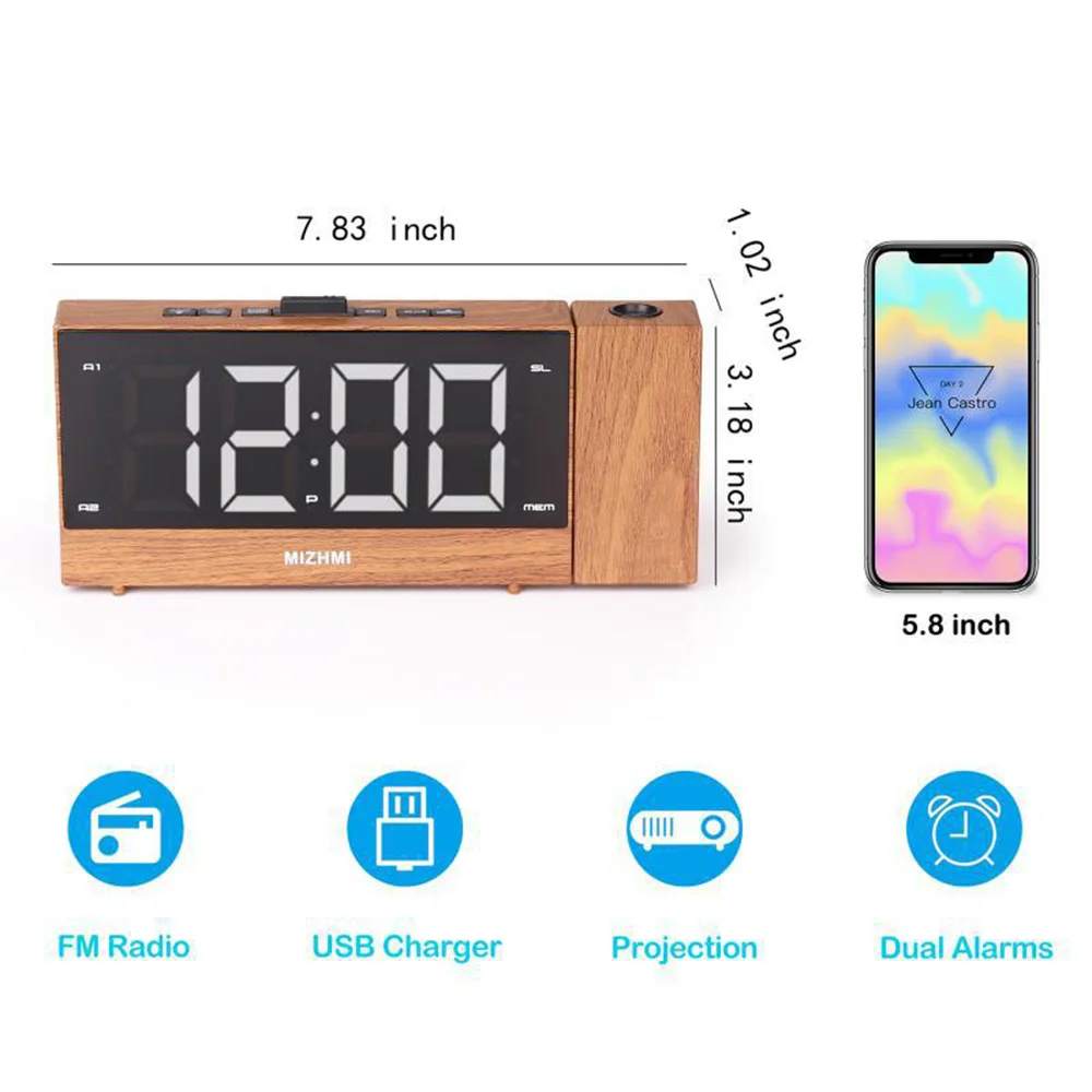 

Projection Radio Alarm Clock Projector FM Radio With Sleep Timer USB Rechargable 1.8 Inch LED Digital Display Screen Clock
