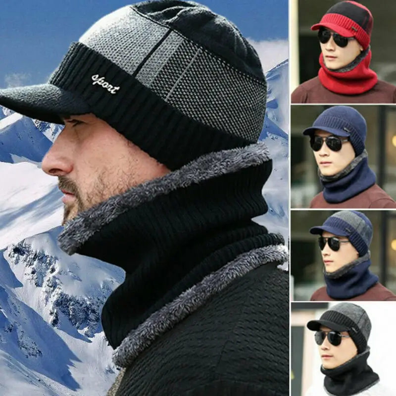

2pcs Mens Winter Warm Hat Knit Visor Beanie Fleece Lined Beanie+ Brim Cap