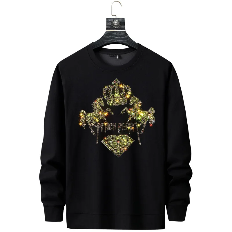 

Rhinestones Crown 2021 Men Hoodie Sweatshirt Fashion Streetwear Full Pullover Hoodie Slim Rib O Neck Cotton Mens Autumn Clothes
