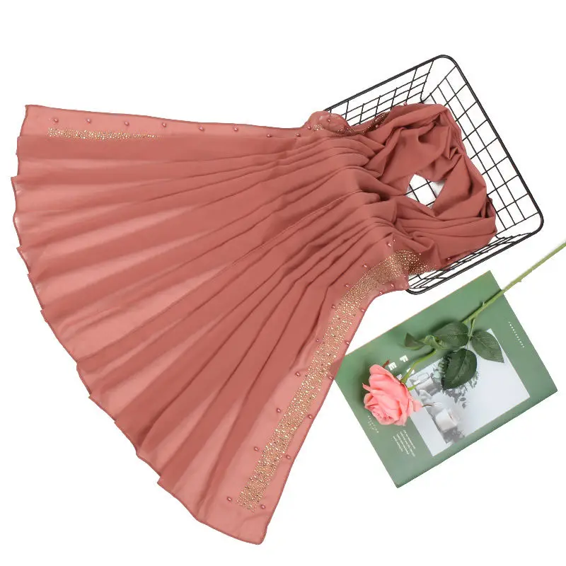 

H8 10pcs High quality bubble chiffon with bead Women plain Chiffon Scarf Long Muslim Hijab Oversize Islamic Turb
