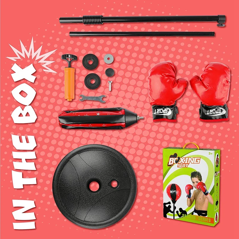 

Punching Bag Kids Boxing Set Kids Boxing Gloves Standing Base Adjustable Stand + Hand Pump for Kid Ages 3 - 14 Years Old