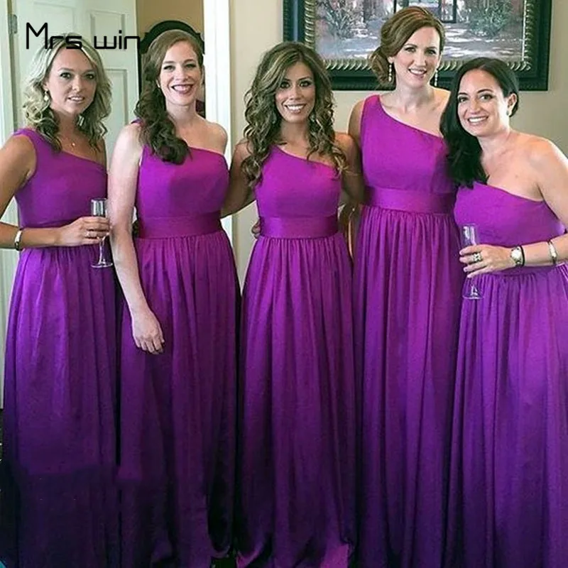 

Mrs win Bridesmaid Dress Purple One Shoulder Vestido Madrinha Plus Size ElegantSleeveless Long Wedding Guest Dresses HR317