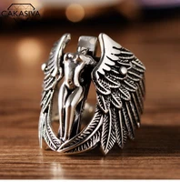 vintage thai silver guardian angel personality cross exaggerated wings ring silver 925 ring for mens
