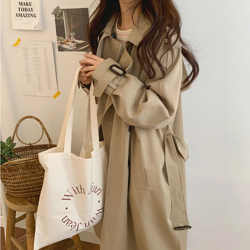 

Осенний и зимний свободный Тренч большого размера, корейский двубортный Женский Тренч с поясом, женский длинный Тренч с отворотом s