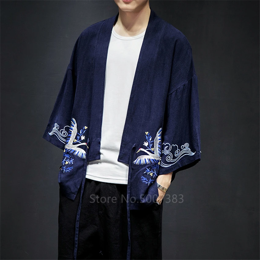 

5XL Embroidery Japanese Warrior Haori for Men Traditional Clothing Kimono Chinese Hanfu Ethnic Harajuku Crane Cardigan Retro Top
