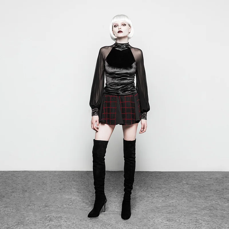 Панк рейв женская готическая Повседневная бархатная Сетчатая футболка мода