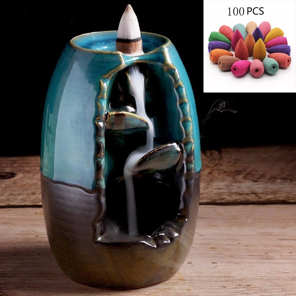 Burner with 100PCS With100Cones Бесплатный подарок водопад ладан горелка Керамическая ладан держатель вариант для смешанных пирамидки благовоний(размер горелки L и Размер M - Цвет: Burner with 100PCS