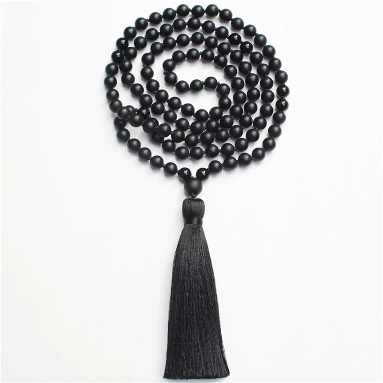 8mm Black Onyx Gemstone 108 Beads Handmade Tassel Necklace Meditation Japa Religious Spirituality Wristband Buddhism Retro | Украшения и