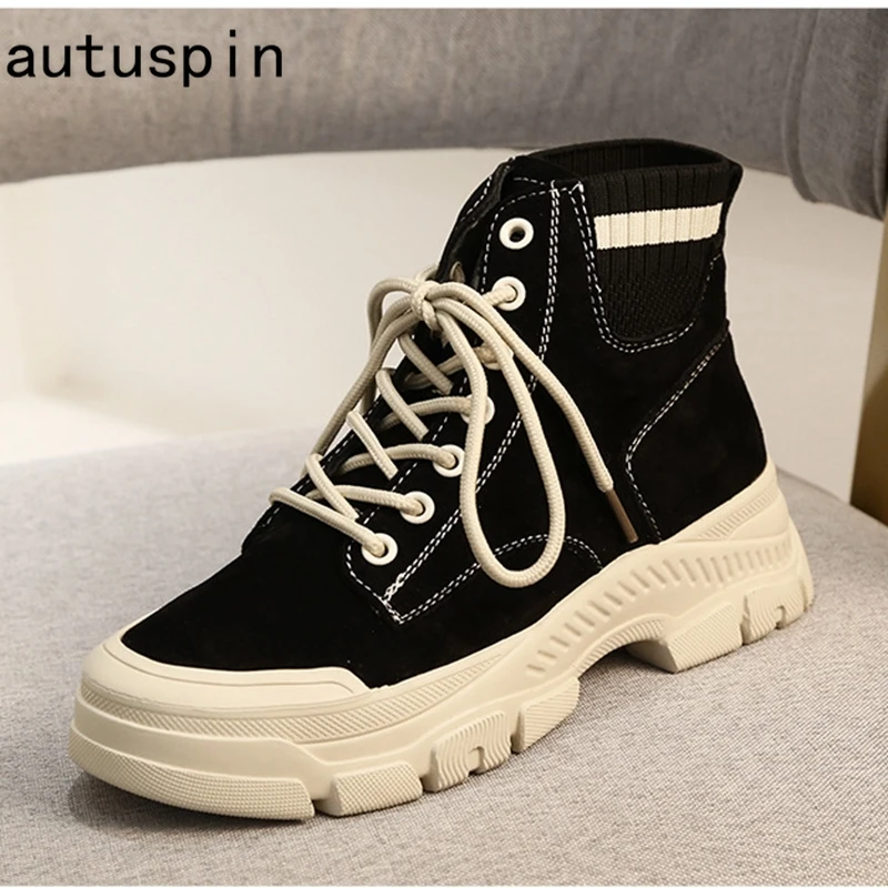 

Autuspin Retro Ankle Boots for Women Fashion Black Genuine Leather Platform Shoes Female Outdoor Cross Tied Casual Short Boot