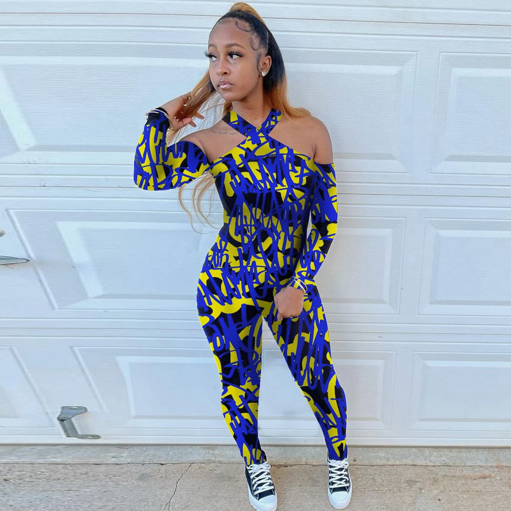 

Graffiti Printed Streetwear Fitness Rompers Women Off The Shoulder Long Sleeve Bandage Jumpsuit Hip Hop Girl Party Club Catsuit