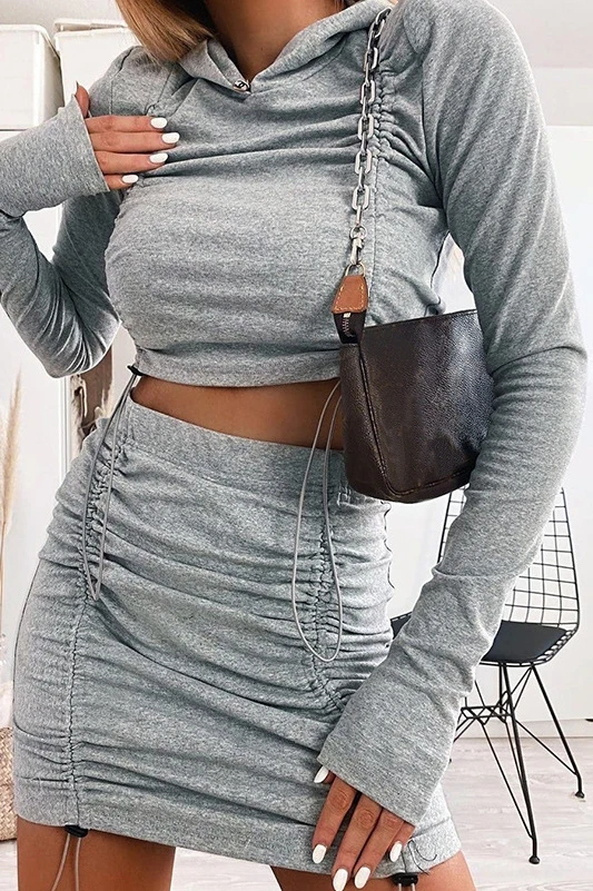 

JCHB 2021 Tops Skirt Two Piece Set Long Sleeve Hooded Top Drawstring Slim Skirt Set Female Spring and Autumn