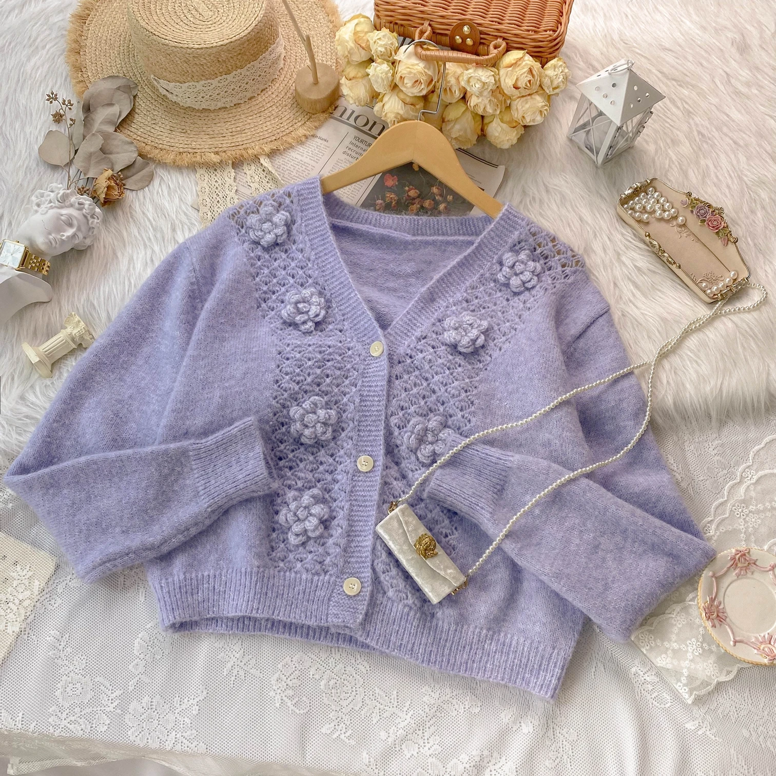 

korea sweater women truien dames 2021 new retro purple flower embroidery knitted coat v neck knitwear cardigan