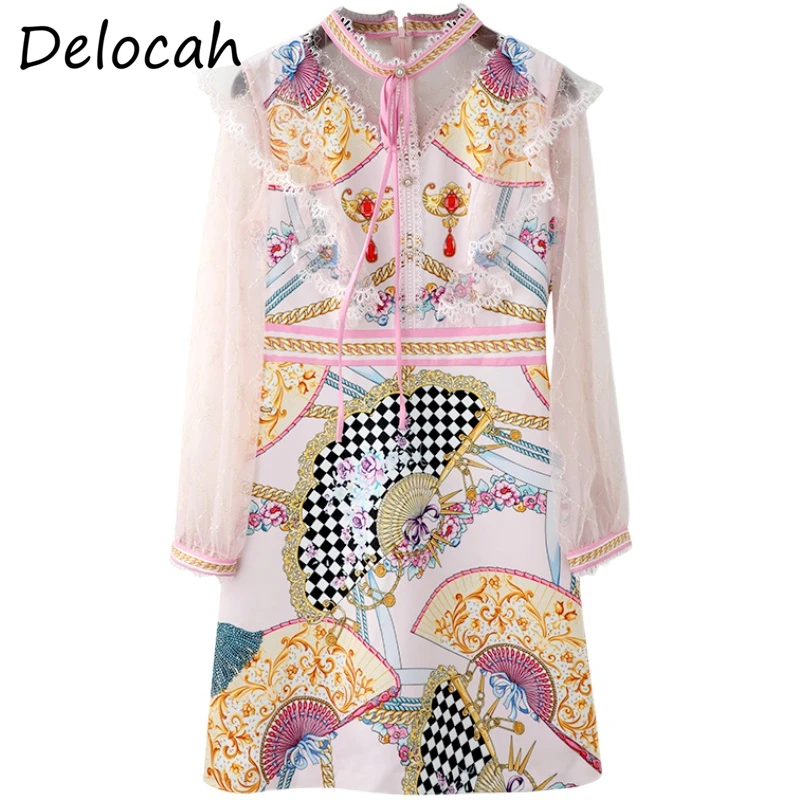 

Delocah Women Spring Fashion RunwayParty A-Line Dress Long Sleeve Lace Ruffles Printed High Waist Ladies Midi Dresses Vestidos