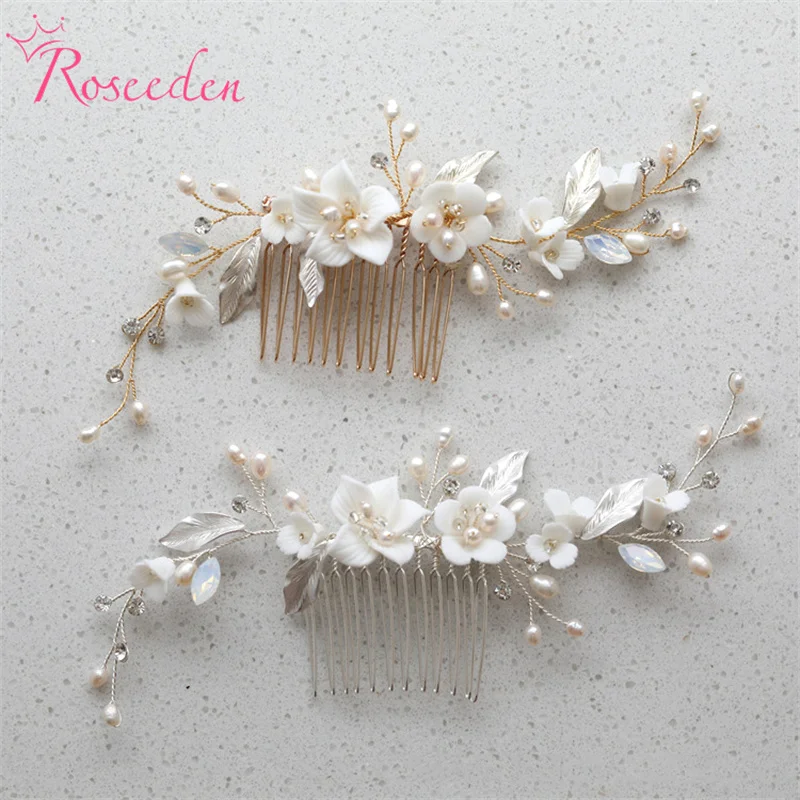 

Handmade Rhinestone Fresh Water Pearls Headband Ceramic Flower Bridal Hair Comb Wedding Hair Accessories Jewelry RE4445