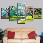 HD принты декор стен модульная Картина на холсте 5 шт. зеленые деревья трава цветы путь весенние природные пейзажи картина плакат искусства