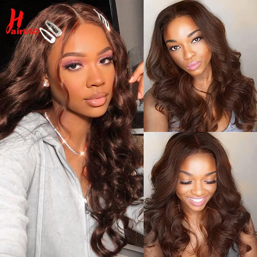 

HairUGo Body Wave Brown Lace Closure Human Hair Wigs 30# 4x4 Lace Closure Wigs Peruvian Remy Pre Plucked Colored Wigs For Women