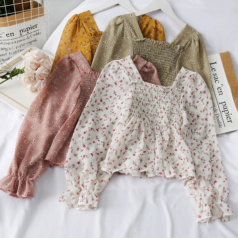 

Pearl Diary Women Spring Summer Disty Flower Chiffon Blouse Long Sleeve Smocked Top Square Neck Puff Sleeve Ruffle Blouses