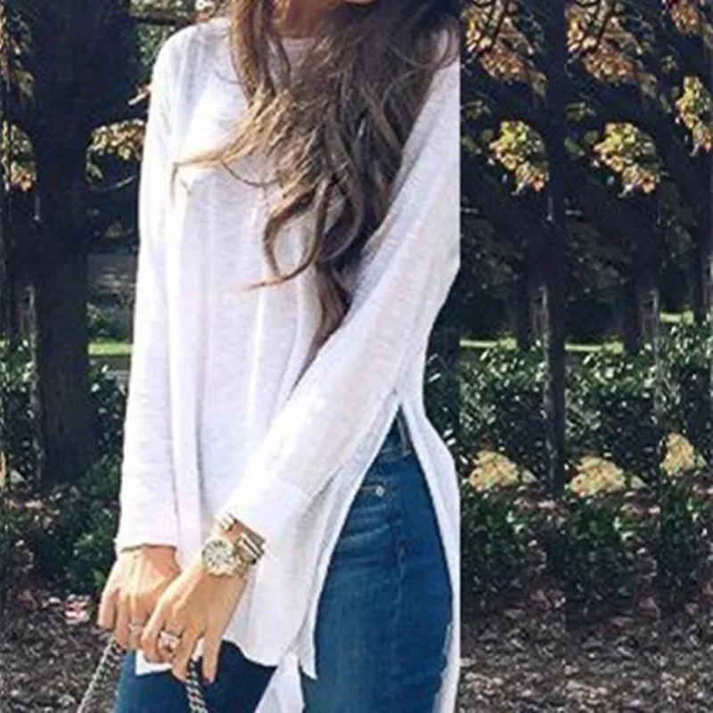 

Irregular Loose Side Slit Long Sleeves Ladies O Neck Casual Spring Summer Solid 2021 New Street Style Female T Shirt