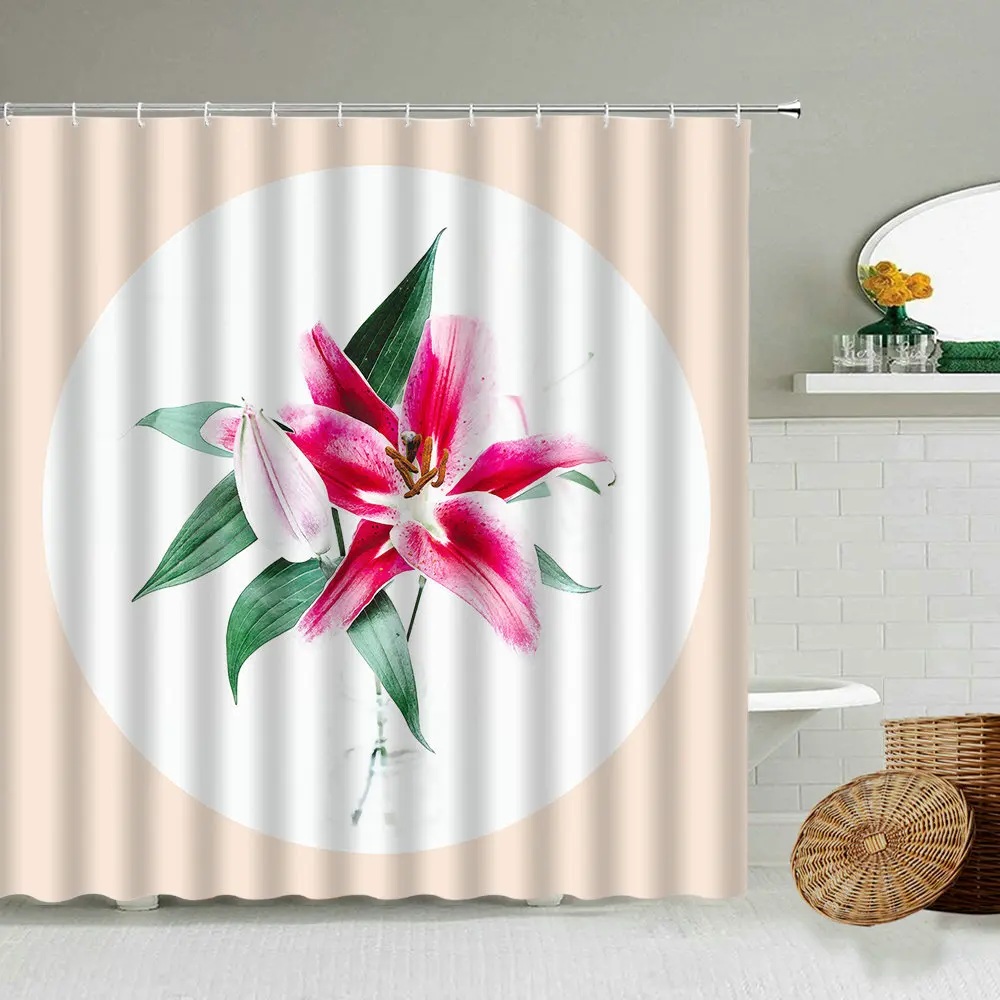 

Chinese Style Simple Classical Floral Green Leaf Shower Curtain Round Design Bathroom Blackout Waterproof Polyester Screen Set