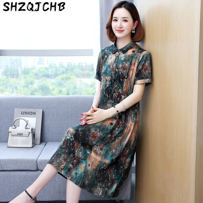 

Женское шелковое платье SHZQ, летнее платье из шелка тутового шелкопряда с принтом и коротким рукавом, трапециевидная юбка, длинная юбка