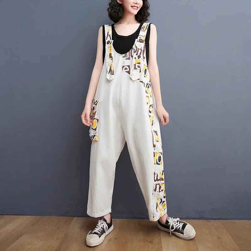 #2387 Black White Rompers Womens Jumpsuit Ankle-length Loose Spliced Color Denim Overalls For Women Harem |