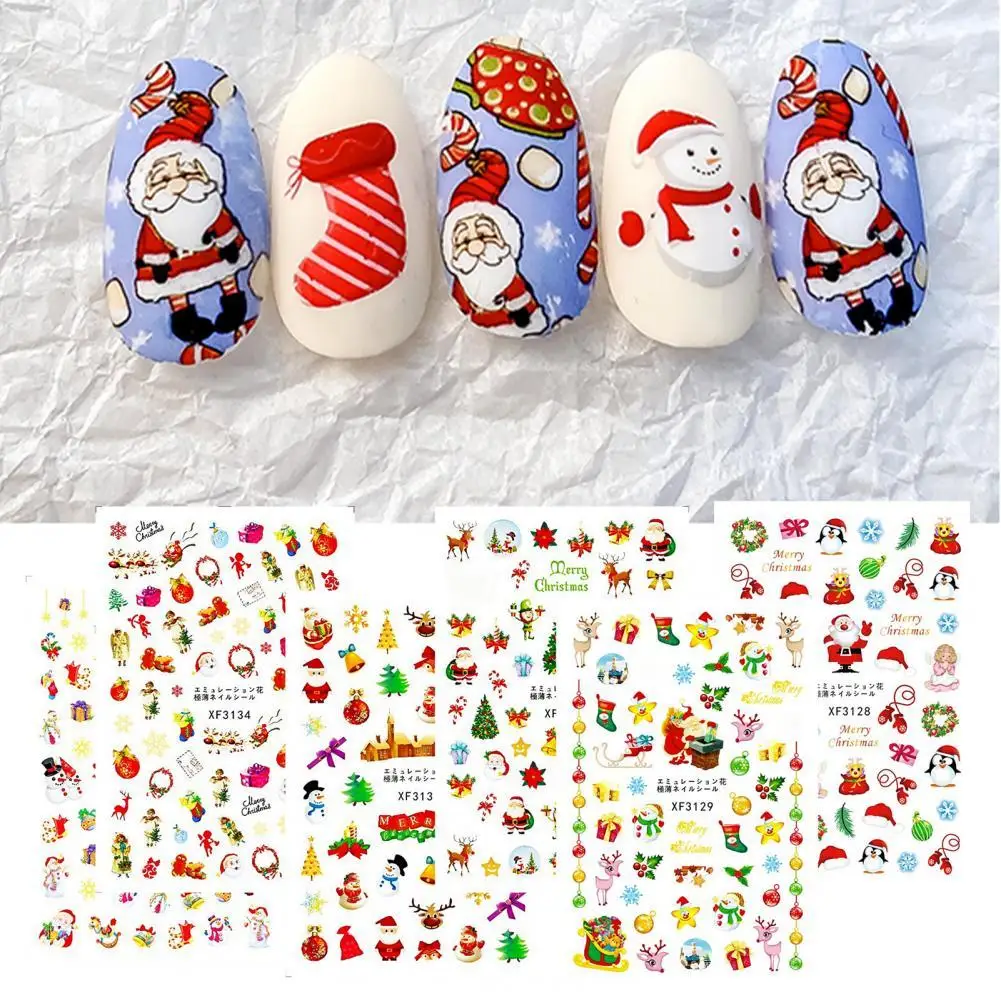 

12Pcs/Set 3D Effects Nail Sticker Christmas Patterns Colorful Santa Claus Elk Snowman Gift Water Transfer for Winter