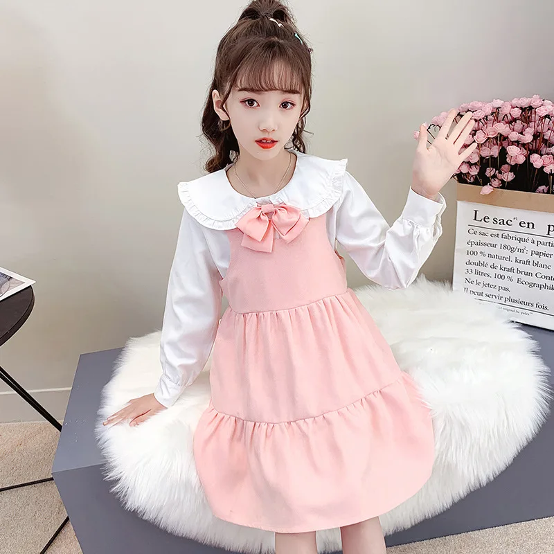 

Детский весенне-осенний Модный милый спортивный костюм 2021, костюм с юбкой для маленькой девочки в Корейском стиле, розовый, с круглым вырезо...