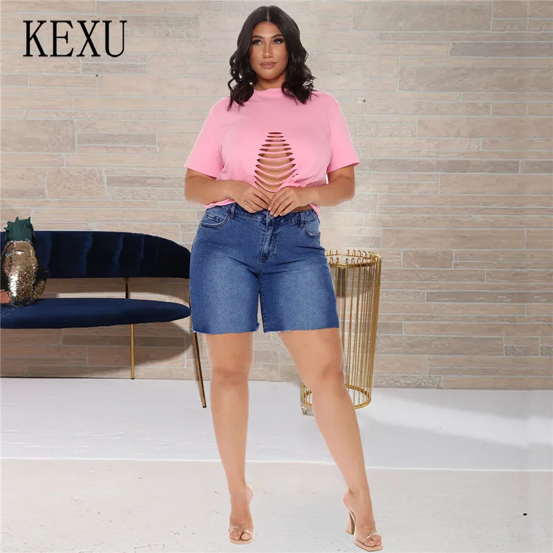 

KEXU Streetwear Denim Short Pants High Waist Button Zipper Up Pockets Package Hip Side Split Sexy Casual Party Cowboy Trousers