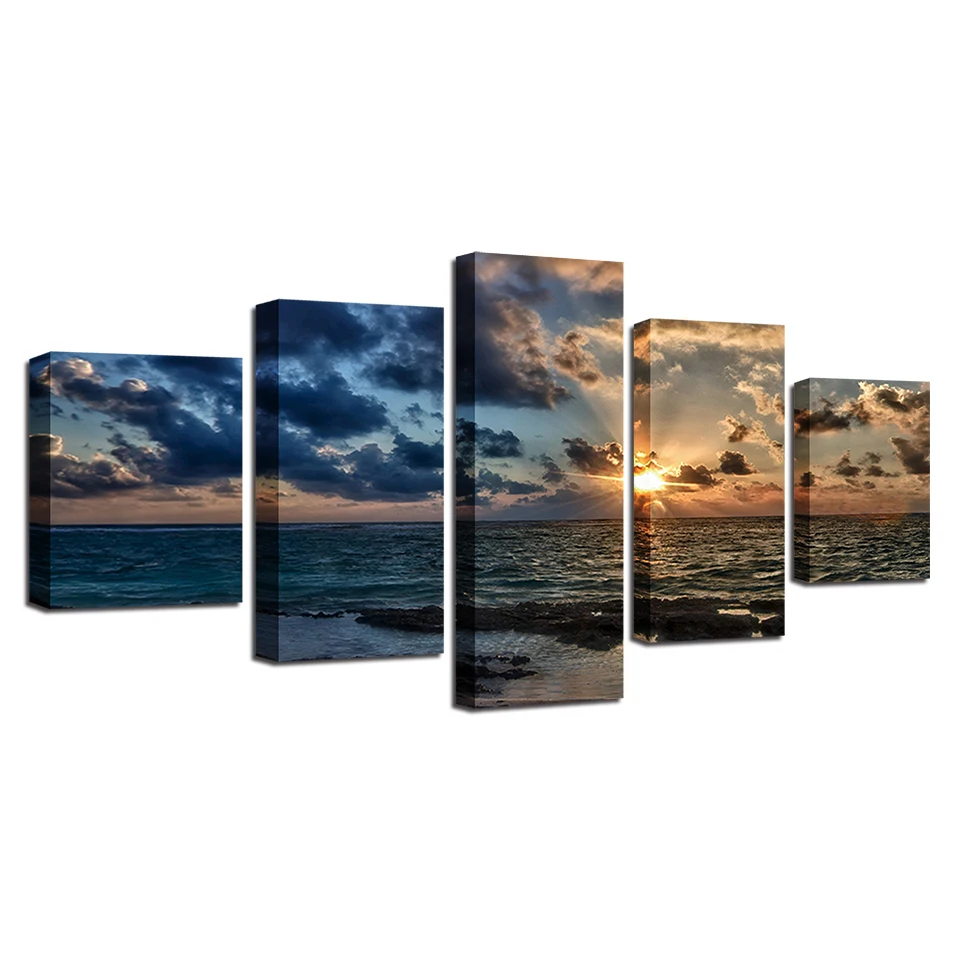 

HD Prints Canvas Pictures Wall Art 5 Pieces Sunrise Sea Wave Paintings Modular White Clouds Seascape Poster Home Decor Framework