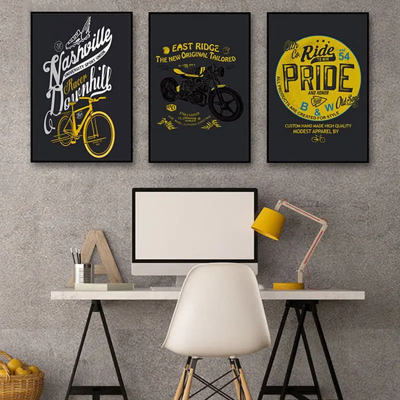 Домашний Декор Ретро креативные желтые черные буквы В индустриальном стиле велосипед мотоцикл Холст Краска Современная роспись постер для гостиной