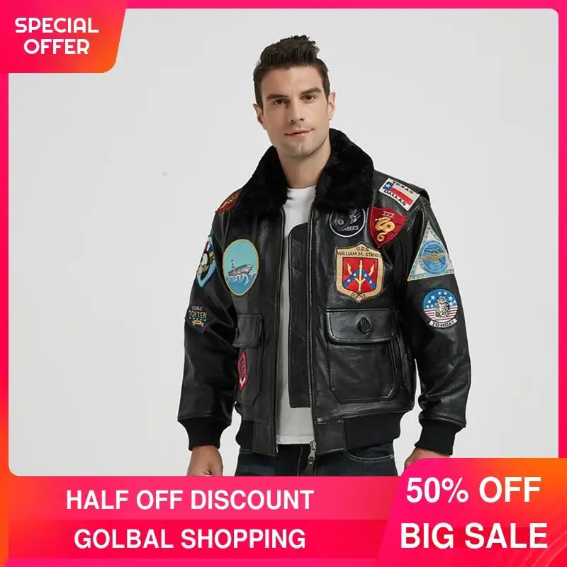 

2021 Black Military Style Pilot Leather Jacket Men Wool Collar Europe Size XXL Genuine Natural Cowhide Winter Aviation Coat