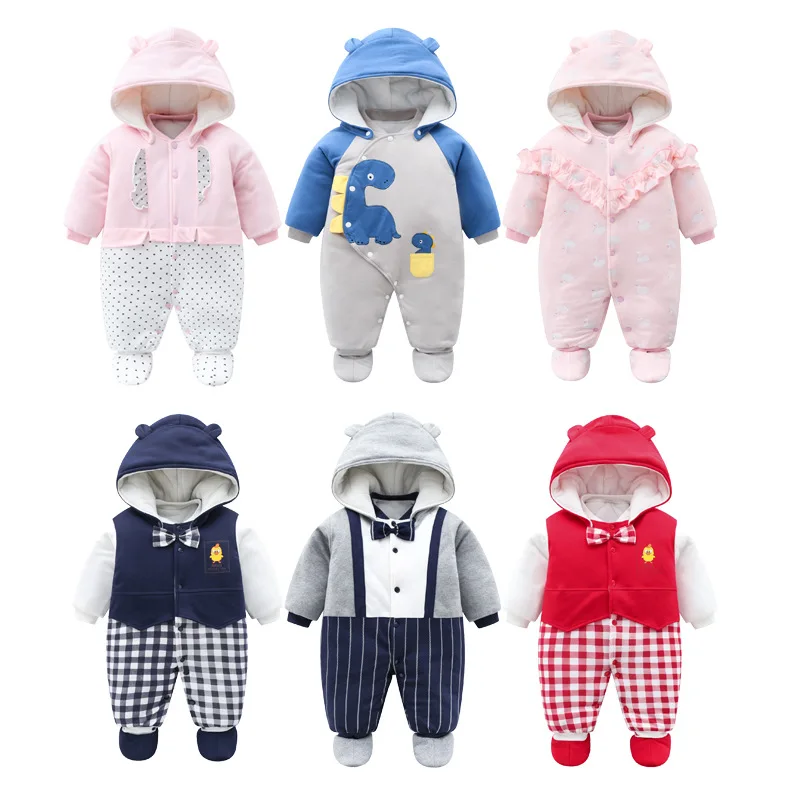 

2021 Winter Newborn Cartoon Romper Hooded Baby Girl Sweet Pink Bodysuit 0-12M Boys Toddler Clothes Cotton Warm Infant Clothing