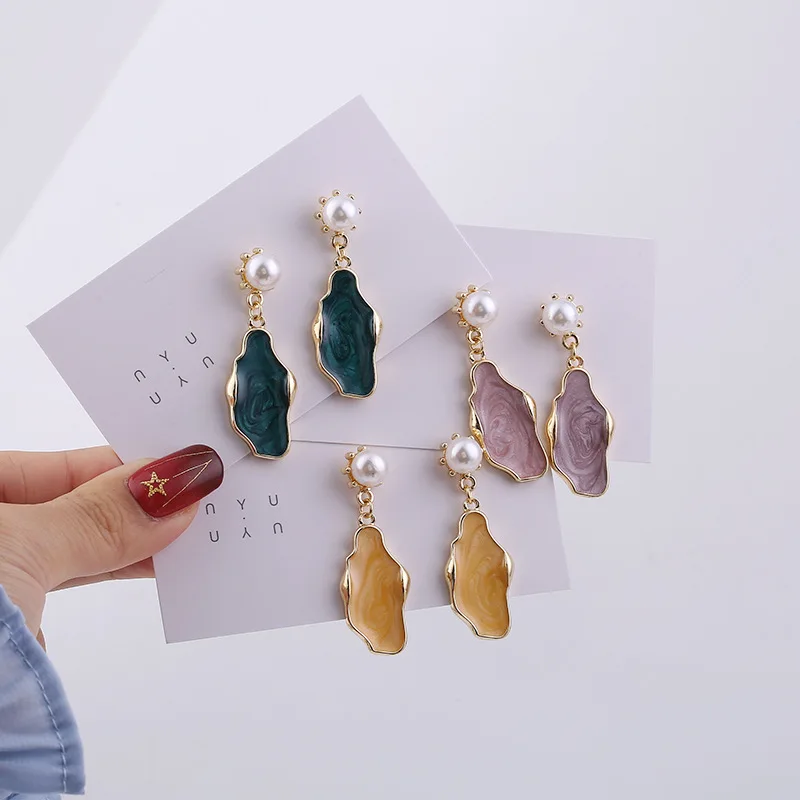

Simple Enamel Irregular Geometric Drop Earrings for Women Fashion Vintage Simulated Pearl Earring Jewelry Pendiente Brincos