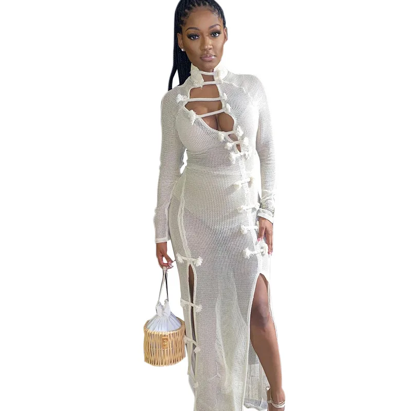 

Autumn Women Sexy Solid Color Long Dress Full Sleeve Hollow Out Slim Bodycon Maxi Dress Elegant Party Clubwear Split Vestidos