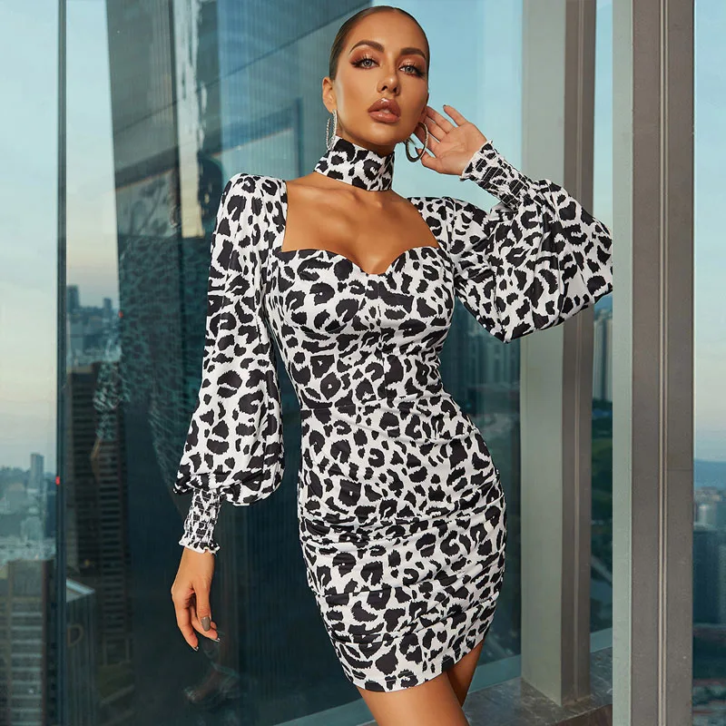 

Sexy Black White Leopard Long Puff Sleeve Women Satin Dress 2021 New Autumn Elegant High Neck Ruched Bodycon Evening Party Dress