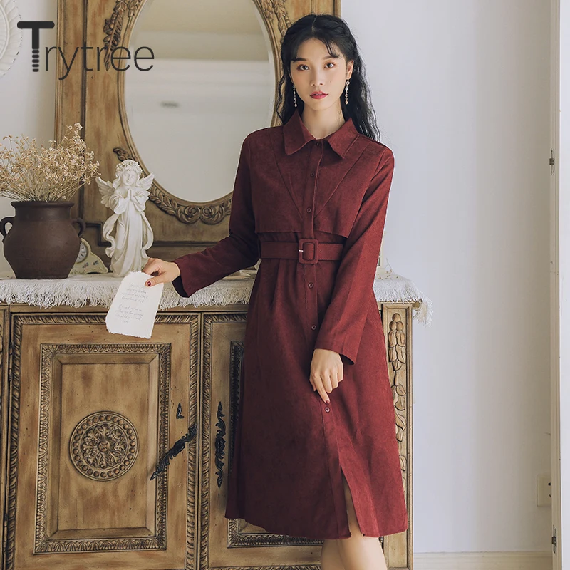 Осенне-зимнее женское платье Trytree повседневное однобортное платье-трапеция с