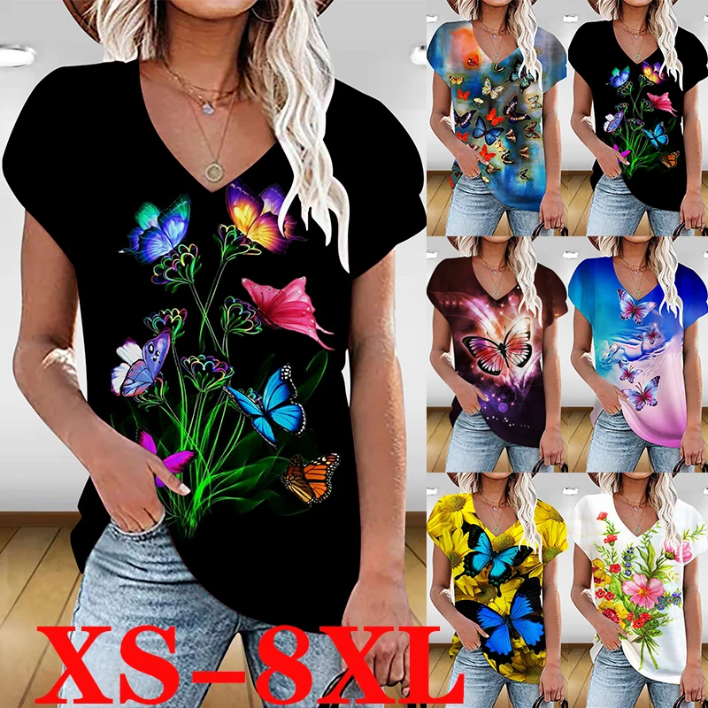 

XS-8XL Summer Clothes for Women Printed Summer Loose Casual T-shirt Short-sleeved V-neck Slim Fit Shirt Women