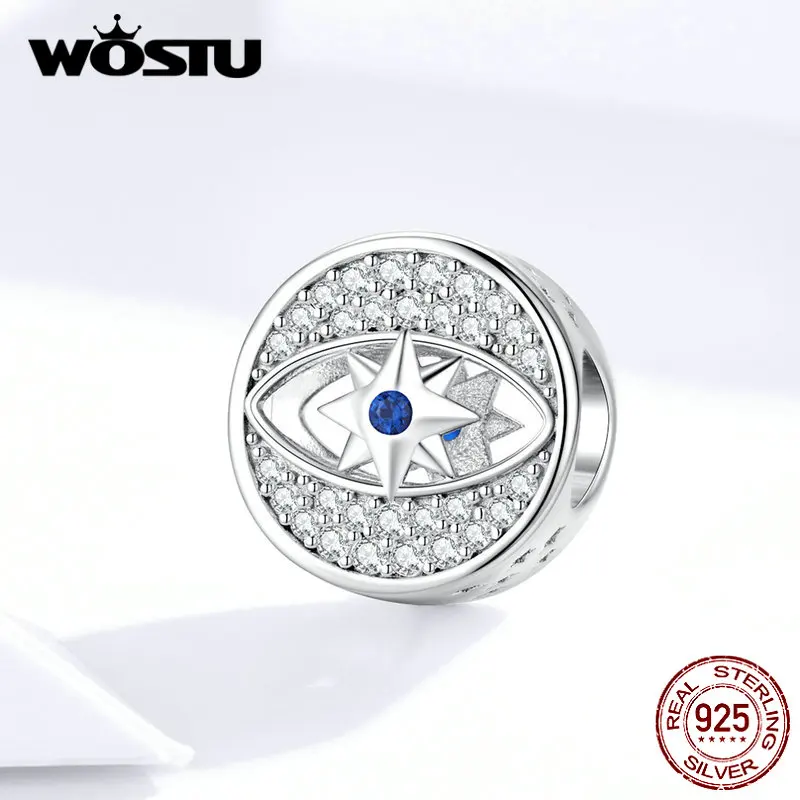 WOSTU, 925 пробы, серебряные круглые бусины дьявол глаз, голубой циркон, шарм, подходит для оригинального браслета, подвеска, серебро 925, ювелирные изделия BKC1368